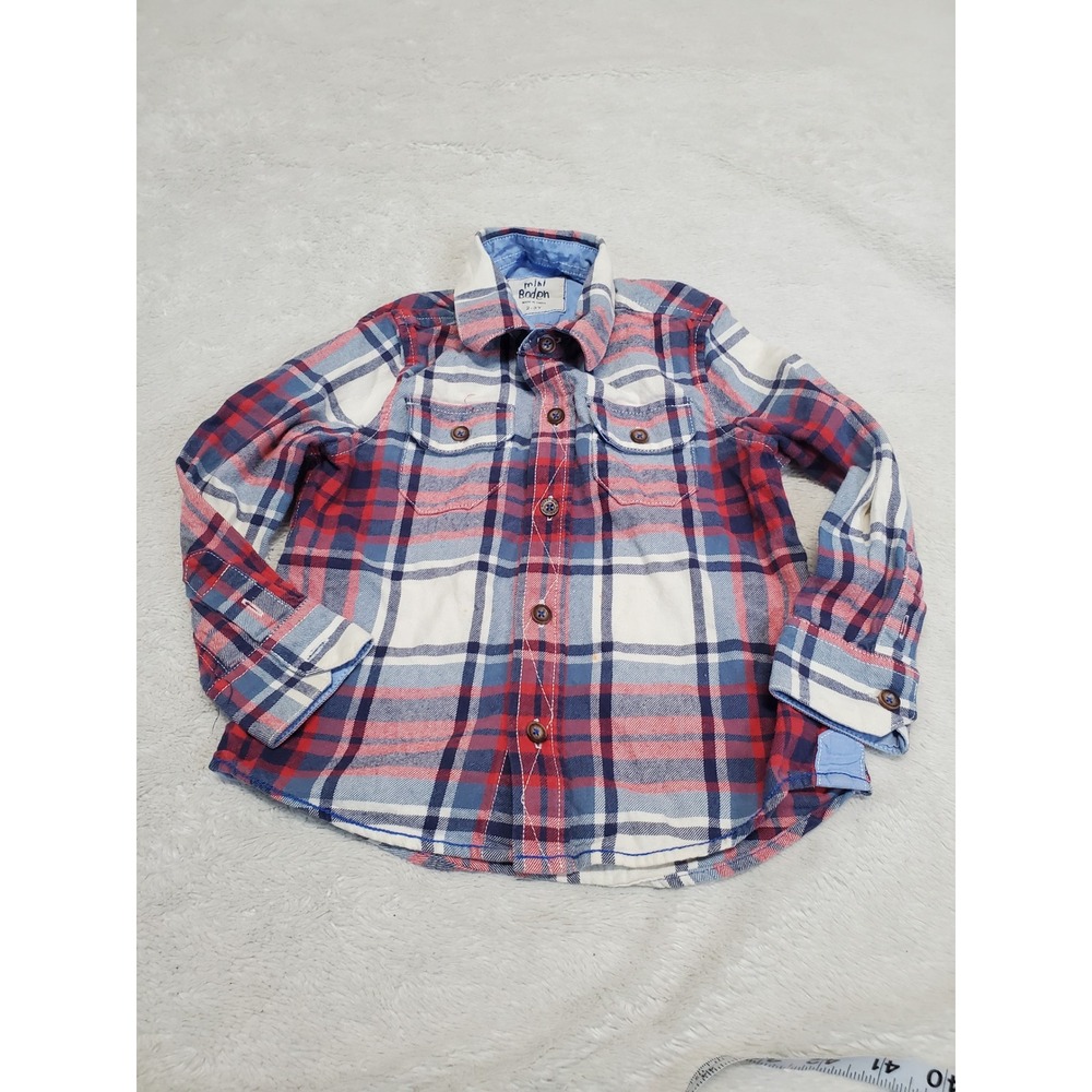 Mini Boden Red Blue White Plaid Long Sleeve Flannel Button Shirt Boy 2 3